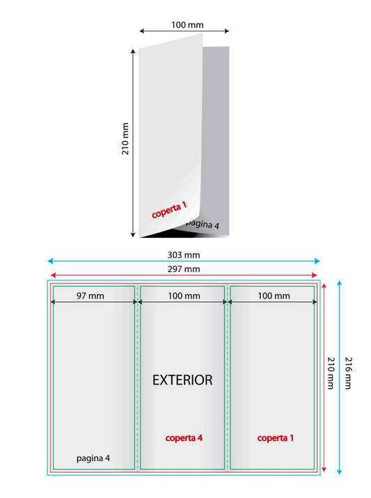 Pliante 1/3 A4 trifold (format închis) - deschis A4 / pliere in "C"